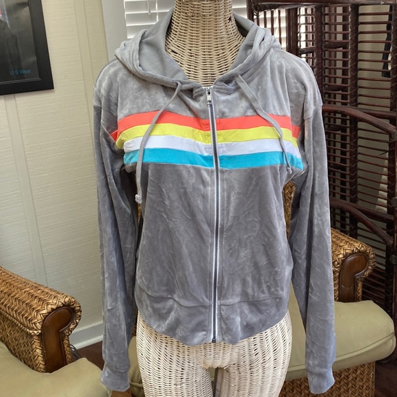 Soft Gray Velour Hoodie with stripes Size M - Picture 1 of 10